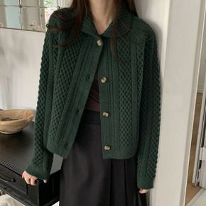 도톰한 둥근 카라 꽈배기 케이블 패턴 단추 긴팔 니트 가디건_P376062879