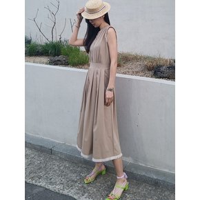 쿨페브릭 스트링벨티드 플리츠 드레스 - 베이지 Cool fabric pleats dress