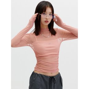 SEE-THROUGH SHIRRING TOP [CORAL]