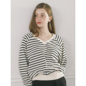 V-neck Stripe Cotton Sweatshirt - Black