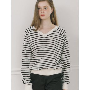 V-neck Stripe Cotton Sweatshirt - Black