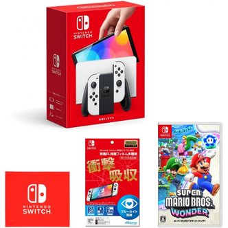  닌텐도 스위치 Joy-Con (L)  (R) 화이트 + EL 보호 필름 + 슈퍼 마리오 브라더스 원더