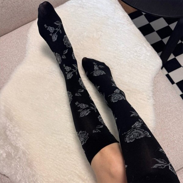 [옷자락] 여자 빈티지 플라워 시스루 니삭스 포인트 양말