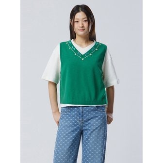 베네통 스티치 브이넥 니트 베스트_BAKV01611GN