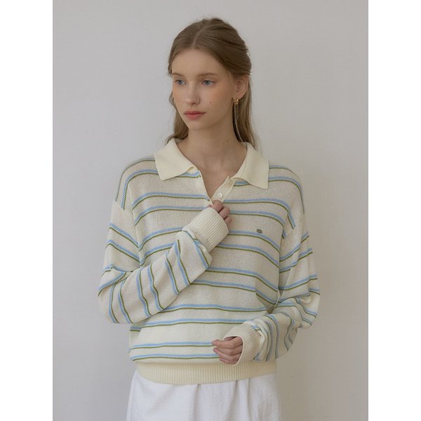 린넨 스트라이프 로고 카라 니트 - Ivory