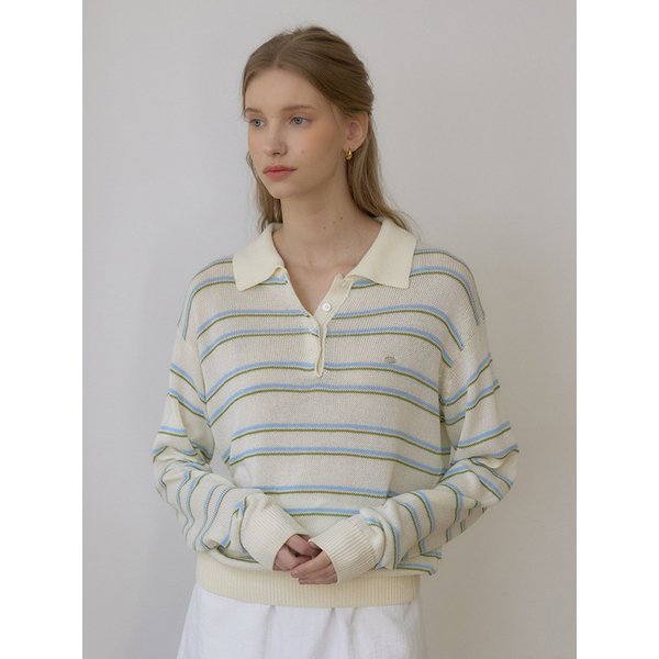 린넨 스트라이프 로고 카라 니트 - Ivory