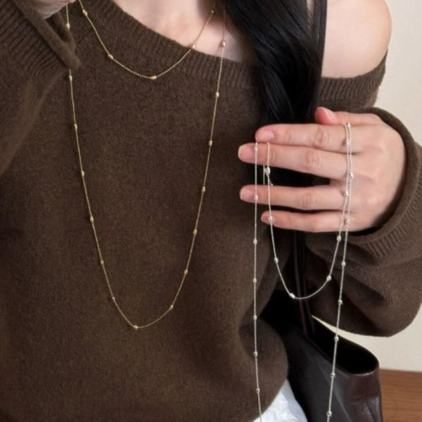 [옷자락] 여자 슬림 비즈 롱 레이어드 써지컬 스틸 목걸이