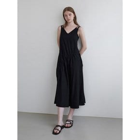 Shirring v-neck sleeveless dress - black