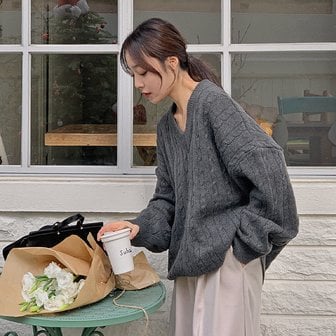 핫핑 폭닥폭닥 블릿_브이넥ver 오버핏 꽈배기 헤비 긴팔니트티[44~110]