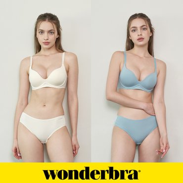 WONDERBRA 일체형 볼륨 몰드 노와이어 브라팬티 4종세트 블루그레이+오트밀 WBW3O0102C_T