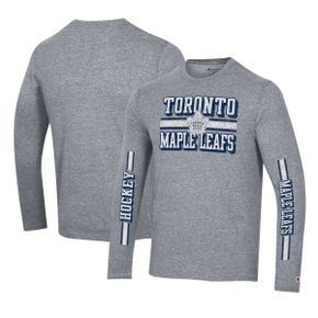 5117784 Champion Mens Heather Gray Toronto Maple Leafs Tri-Blend Dual-Stripe Long Sleeve T