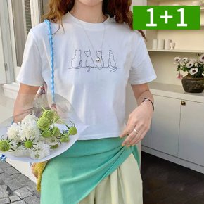 1+1 여성 고양이 프린팅 크롭 반팔티 캐주얼 면 라운드넥 여름 반팔 티셔츠