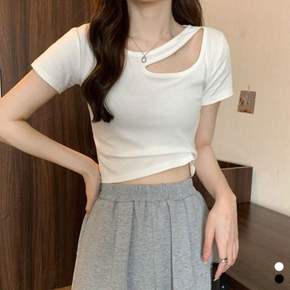 펀칭 트임 세미 크롭 티셔츠 크롭티 반팔 여성