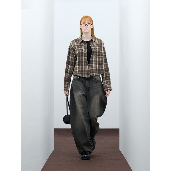 85-VIVA088 하운드 크롭 긴팔 체크 셔츠 브라운