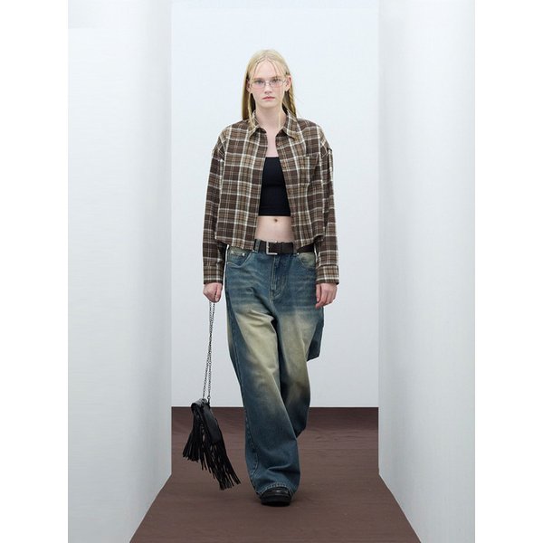 85-VIVA088 하운드 크롭 긴팔 체크 셔츠 브라운