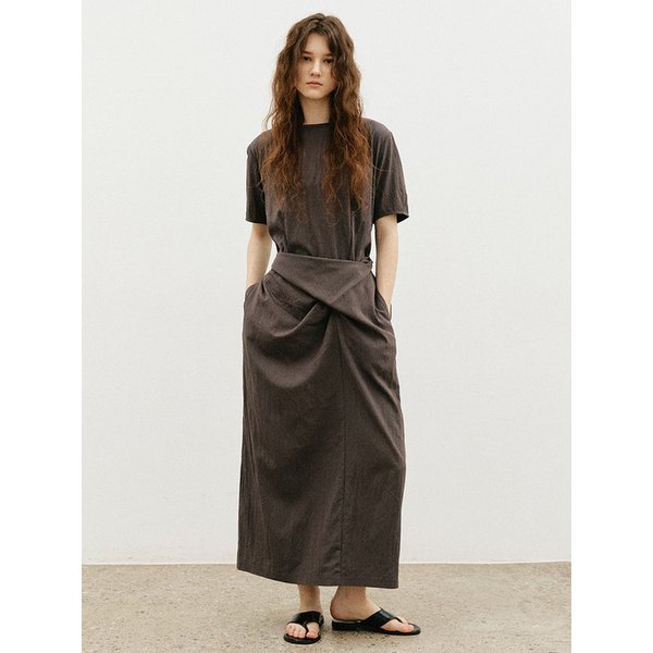 드레이프 반팔 롱 원피스_CHARCOAL