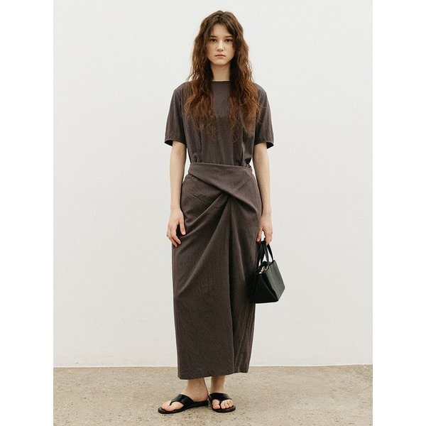 드레이프 반팔 롱 원피스_CHARCOAL