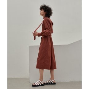 SHIRRING BELTED SHIRTS DRESS - BRICK