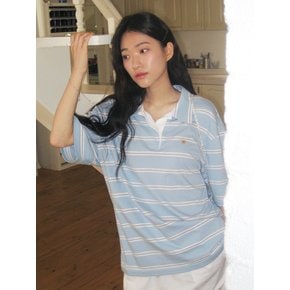 Multi Stripe Over-fit Collar T-shirt - Light Blue