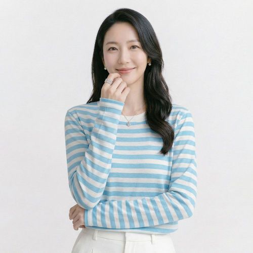 NK3607 캐주얼 단가라 얇은 라운드넥 긴팔 니트티