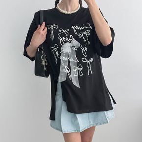 러브 리본 나염 티셔츠 반팔 트임 박시핏 이너 롱티셔츠 면 캐주얼_P420051884