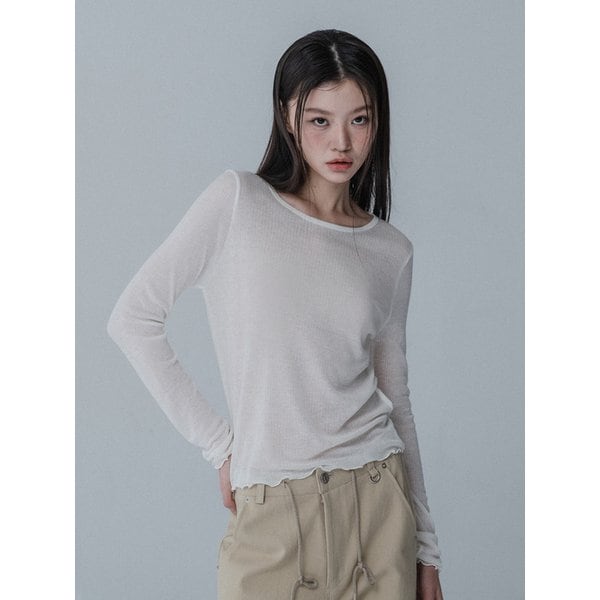 [리퍼브]SEE-THROUGH ROUND NECK SHIRRING TSHIRT_IVORY
