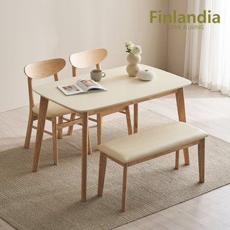 핀란디아 데니스 화이트 원목 4인식탁세트(의자2+벤치1)