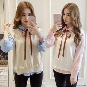 여성 가을 봄 베스트 리본 조끼 남방 티셔츠 셔츠 (S8409634)