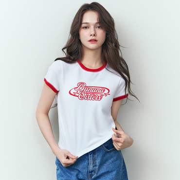 바나나시스터즈 배색 레터링 크롭 링거 반팔 티셔츠 레드