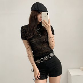 퓨어 버블 쉬폰 주름 셔링 시스루 반팔티셔츠4color