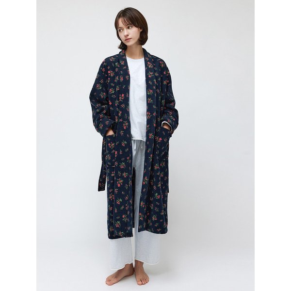 플라워 후리스 로브 가운 네이비