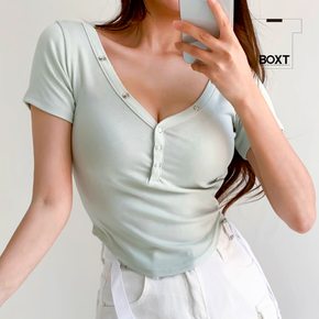 스냅단추 세미크롭 반팔 티셔츠 슬림핏 레이온티 kd412