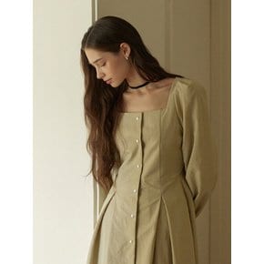 Puff square neck deep pintuck long dress - khaki