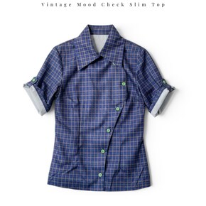 아메카지룩 빈티지 무드 사선 체크 그린 단추 셔츠