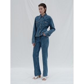 WRINKLE WASHED DENIM SLIT PANTS (BLUE)