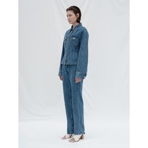 WRINKLE WASHED DENIM SLIT PANTS (BLUE)