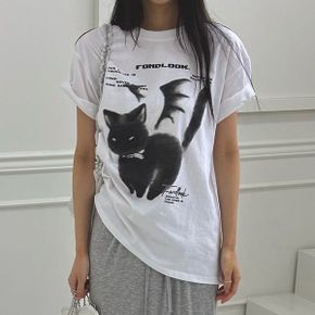 빈티지 캣 프린트 라운드 반팔 티셔츠 디지털 나염 루즈핏 캐주얼 롱티셔츠_P421674556