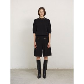 Trimming Point Half-Sleeve Knit Top Black