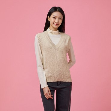 JAJU 여 V넥 니트 베스트-베이지
