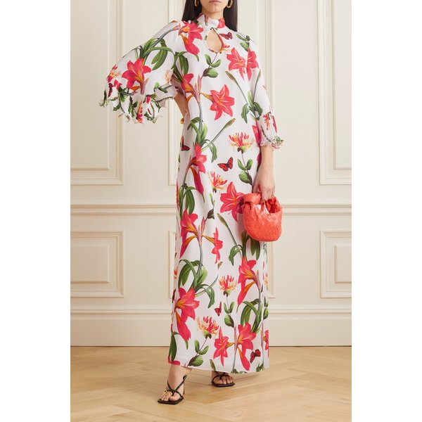 앤드류 지엔 컷아웃 플로럴 프린트 실크 카프탄 화이트 1647597300906284