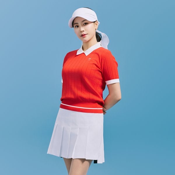 [부산점] 여성 믹스 조직 배색 카라 반팔 니트 풀오버 레드