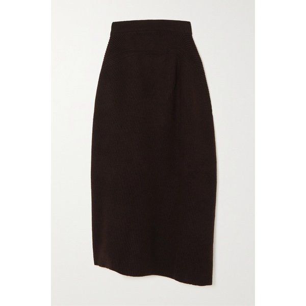 Desdemona Asymmetric Ribbed Wool Midi Skirt 브라운 17266703523576830