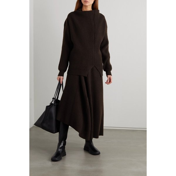 Desdemona Asymmetric Ribbed Wool Midi Skirt 브라운 17266703523576830
