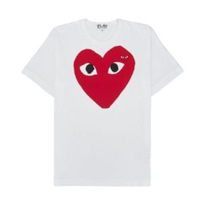 Play Comme des Garcons 플레이 꼼데가르송 라지 레드 하트 앤 엠블럼 티셔츠 화이트