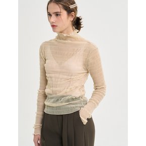 Cien Shirring Seethrough Turtlenect Top_Beige