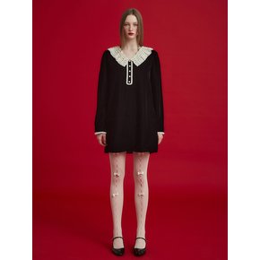 LACE COLLAR VELVET MINI DRESS - BLACK