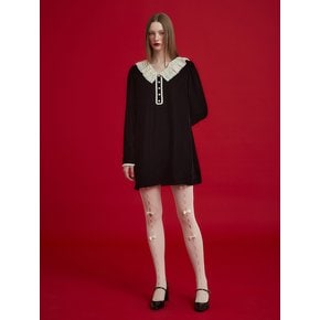 LACE COLLAR VELVET MINI DRESS - BLACK