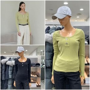 U넥 투버튼 슬림 골지 티셔츠 EQ2ET304