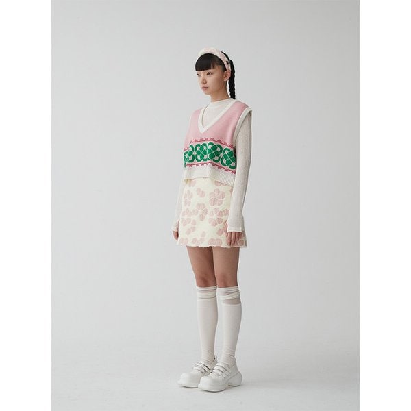 BARI WOOL FLOWER KNIT VEST_PINK&GREEN