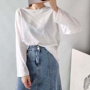 베이직무지 라운드박스 긴팔티셔츠 여성루즈핏 레이어드 빅사이즈 데일리 면캐주얼_P405661519
